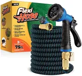 Flexi Hose with 8 Function Nozzle Expandable Garden Hose, Lightweight & No-Kink Flexible Garden Hose, 3/4 inch Solid Brass Fittings and Double Latex Core, 75 ft Blue Black