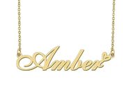 18k Gold Plated Amber Name Necklace Heart Charm Pendant Stainless Steel Graduation Jewelry for Womens Teens 16"