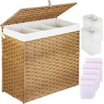 Greenstell Laundry Hamper with Lid, 125L Large 3 Sections Clothes Hamper with 2 Removable Liner Bags & 5 Mesh Laundry Bags, Handwoven Synthetic Rattan Divided Laundry Basket Natural