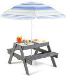 KOTEK Kids Picnic Table, 4 in 1 Sand and Water Table w/Detachable Tabletop, 3 Removable Play Boxes, Foldable & Height Adjustable Umbrella, Wood Sensory Table and Bench for Outdoors, Indoors (Grey)