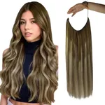 Fshine Invisible Wire Hair Extensions Real Human Hair Balayage Brown Ombre Ash Brown Mix Blonde 4/27/60/8 Wire Fish Line Hair Extension 12 Inch One Piece Clip in Hair Extensions Remy Human Hair 70G