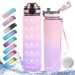 32oz Daily Water Bottle with Motivational Time Marker, Reusable Plastic BPA Free Water Jug, 1 Liter Fast-Flow Drinking Bottle for School,Work,Travel,Gym and Outdoor Sports(32oz/1000ml,Pink to Purple)