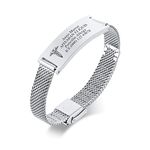 PJ JEWELLERY Personalised Medical Alert Bracelet for Women - Customised Silver Stainless Steel Mesh Wire Belt Buckle Wristband Medical Identification Emergency SOS Bracelet Adjustable