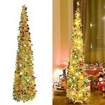 Artificial Collapsible Tinsel Christmas Trees with Lights, 5ft/1.5m Pop Up Pencil Christmas Trees, Glittering Sparking Xmas Decoration Tree with Stand (Colorful Gold)