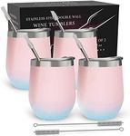 CHILLOUT LIFE Stainless Steel Wine Tumblers 4 Pack 12 oz - Double Wall Vacuum Insulated Wine Cups with Lids and Straws Set for Coffee, Wine, Cocktails - Powder Coated Cotton Candy