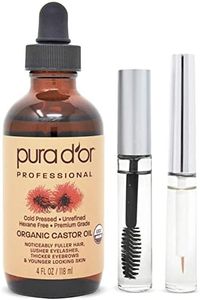 PURA D'OR Organic Castor Oil (4oz + 2 BONUS Pre-Filled Eyelash & Eyebrow Brushes) 100% Pure, Cold Pressed, Hexane Free Growth Serum For Fuller, Thicker Lashes & Brows, Moisturizes & Cleanses Skin