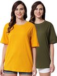 FUNDAY FASHION Cotton Half Sleeve Printed Oversized T-Shirt for Womens/Girls (Pack of 2) (Medium, Yellow & Army Green)