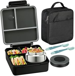 Bento Lunch Box for Kids with 8oz Soup Thermo&Lunch Bag, Leak-Proof Lunch Food Containers with 4 Compartment, Hot Food Insulated Food Jar for Kids School (Black)