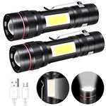 flintronic 2pcs LED Torch Rechargeable, 800LM Adjustable Focus Flashlight with Side Light, Mini Torches COB Light 3 Modes for Camping, Walking, Emergency, Gifts [Built-in Rechargeable Battery]