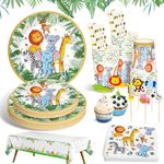 Ophy Jungle Safari Theme Party Tableware Set | 134Pcs Disposable Paper Plates Napkins Cups Safari Party Decorations Kids Birthday Party Supplies Animal Tableware Decorations Baby Shower Plates Set