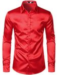 ZEROYAA Men's Luxury Shiny Silk Like Satin Button Up Dress Shirts ZLCL14-Red Large