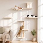 FUKUMARU Cat Wall Shelves, Stable & Safe 4 in 1 Large Cat Walls Furniture Set, Wooden Kitten Climbing Wall with Scratching Post for 16 Inch Drywall - Beige