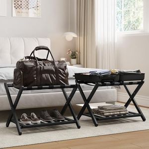 Smart FENDEE Fully Assembled Luggage Racks Set of 2, Folding Bamboo Suitcase Stand with Lower Shelf, Luggage Holders for Guest Room, Bedroom, Hotel, Dark Brown