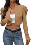 MakeMeChic Women's Business Casual Blazers Long Puff Sleeve Open Front Work Office Cropped Blazer Suit Jacket Khaki Large