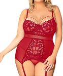 GaliaFaya Plus Size Lingerie Sexy Chemise and Panty Set Babydoll Lingerie with Garter Straps Floral Lace Deep V Teddy Bodysuit Garter Belt (Magic Red,XXL)