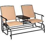 COSTWAY Double Glider Chair, Metal Frame 2 Seater Swing Chair with Tempered Glass Table, Outdoor Loveseat Relax Rocking Chairs for Garden, Patio, Porch and Poolside (Beige)