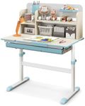 HONEY JOY Kids Study Desk, Height Adjustable Children Writing Table w/Tilt Desktop, Home School Student Learning Desk w/Hutch, Storage Drawer, Tray, Pen Holder & Scale Ruler for 3-12 Years, Blue