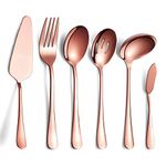 HOMQUEN 6-Piece Copper Serving Flatware Silverware Set,Stainless Steel Serving Utensil Set,Include Cake Server, Slotted Serving Spoon, Serving Spoon, Cold Meat Fork, Butter Knife, Soup Ladle