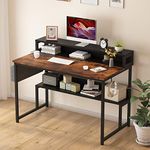 CAIYUN 47 Inch Computer Desk with Monitor Stand, Office Desk with Storage Shelf and Fabric Bag, Writing Desk Study Table Workstation, Rustic Brown+Black