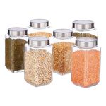 Vency Glass Storage Jars Set of 6 (1000ml each) Square Transparent Containers with Airtight Steel Lids for Kitchen Pantry - Stackable Organizer for Snacks, Masala, Pickles, Dry Fruits