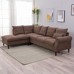 Panana 6 Seater Corner Sofas, With Built-in USB Port Chaise, Cushion Back Sectional Sofas Settee Couch. Brown Linen