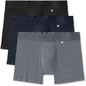 Tommy John Men’s Trunk 4” Underwear, Innovative Hammock Pouch for Enhanced Support, Silky, Soft Second Skin Fabric Mens Boxer Briefs for Comfort, 3 Pack, Black/Dress Blues/Turbulence, XL