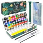 Artecho Watercolour Paint Set 50 Colors in Portable Box Including 4 Fluorescent Colors, Travel Watercolour Set with Watercolour Papers, Brushes and other Tools, Idea for Artists and Hobbyists