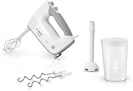 Bosch Handrührgerät, 2 Rührbesen, 2 Knethaken, Edelstahl, spülmaschinenfest, Pürierstab, Mixbecher, 5 Stufen plus Turbostufe, 450 W, weiß, ErgoMixx MFQ36440