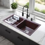 LIPKA Quartz Kitchen Sink (45" x 20" x 9") Choco Brown Double Bowl Sink| Stone Sink for Kitchen with Waste Pipe, Sink Coupling, Vegetable Basket| Modern Granite Kitchen Sink