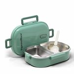 Signoraware Duo Star Stainless Steel Lunch Box for Kids Adults, PUF Insulation Keeps Food Warm, Food Grade Bpa Free, 2 Compartments with Locking Lid and Steam Valve, Spill Leak Proof (700ml Green)