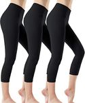 ATHLIO 3 Pack High Waist Capri Yoga Pants with Pockets, Tummy Control Yoga Leggings, 4 Way Stretch Non See-Through Workout Running Tights ao-YCP35-KLB X-Large