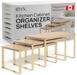 Ibyx Premium Kitchen Cabinet Organizer Shelf - Set of 3 Kitchen Counter Shelves - Stackable & Expandable Shelf Racks for Kitchen Cabinets - Metal Frame & Engineered Wood (Natural Wood, Gold Frame)