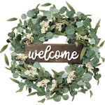 Sggvecsy Green Eucalyptus Wreath with Welcome Sign 20in Artificial Eucalyptus Wreath Spring Summer Wreath with White Berries for Front Door Wall Window Festival Farmhouse Porch Patio Garden Decor