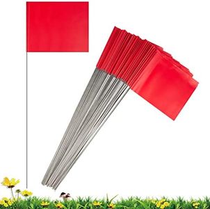 IKAYAS 50 Pack Marking Flags Marker Flags for Lawn , 4*5 Inch Red PVC Small Yard Flag Stake Flags on 15 inch Steel Wire, Lawn Flags, Yard Flags, Garden Flags