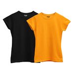 Hangout Hub Girl's Round Neck Solid Regular Fit T-Shirts Girls Plain Tshirt (Black Yellow;10-12 Years) Pack Of 2 Kids T-Shirts, Assorted