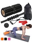 Foam Roller Set Includes Hollow Core Massage Roller,Muscle Roller Stick,Massage Ball,Stretching Strap,Exercise Resistance Bands, Storage Bag,for Deep Tissue Massage, Pain Relief of Back, Legs, Exercise (OVTSPO 6in1 Black)