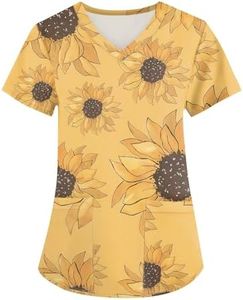 Print Scrubs for Women Stretch V Neck Short Sleeve Nursing Shirt Cute Petite Scrub Tops Women Plus Size Summer Funny Pattern Holiday Nurse Shirts Medical Uniform with Pockets 12y-Orange XL