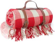 NOONOOJOOJOO Picnic Blanket Extra Large Waterproof with Strap 59"x79" - Machine Washable Tassels Faux Wool Cashmere for Park, Grass, Camping, Hiking, Concerts (Red Tartan, 59"X79")