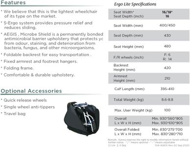 Karma Ergo Lite Ultralite Transit Wheelchair, Folding, 8.8kg, 18" Seat