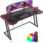 CubiCubi Gaming Desk with LED, 140 cm Gamer Workstation, Home Computer with Carbon Fiber Surface, Black