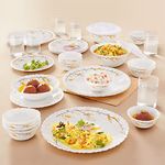 Larah by Borosil Bella Silk Floral Series Opalware Dinner Set with Glasses,35 Pieces for Family of 6,Microwave&Dishwasher Safe,Bone-Ash Free,Crockery Set for Dining&Gifting,Plates&Bowls,White