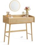 SONGMICS HOME BOHOVEN Collection - Vanity Desk with Mirror and Lights, Makeup Vanity with 3 Rattan-Like Drawers, Touch Control Light with 3 Color Hues, Dimmable, Boho Style, for Bedroom, Oak Beige