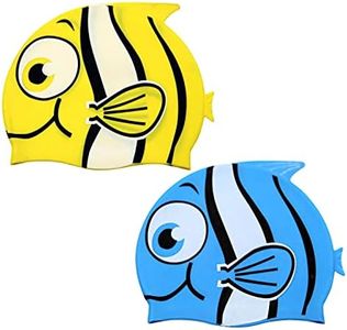 2Packs Kids Cartoon Fish Swim Caps Children Elastic Swimming Hats Silicone Swimming Caps for Girls and Boys Waterproof Stretchy Swim Bathing Caps Keep Hair Clean Dry (1*Blue and 1*Yellow)