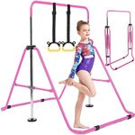 Gymnastics Bar Kids Teen Home Grip Training Boys Girls Gift Set, Asymmetric Training Bar Equipment Folding Adjustable Height Junior for Age 3-8 Years Old (Pink with Bear Bar Set)