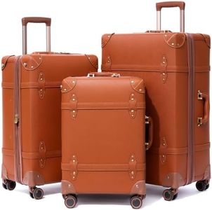 NZBZ Expandable Vintage Luggage Sets For Women Retro Luggage Set Handmade Vintage Suitcase Set with Leather Accents (Rust Orange, 20inch & 24inch & 28inch)