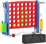 Glaf Giant 4 Connect Outdoor Jumbo 4 to Score Yard Game for Kids Adults and Family Adjustable Height Toy Play Set with 42 Jumbo Rings Golf Basketball and Ring Toss (Red with Bag)