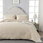 Qucover Beige Single Bedspreads, 2-Piece Lightweight Polyester Quilted Bedspread Coverlet Set with 1 Pillow Shams, Bed Spread Single 180x220 cm