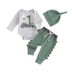 Bufarromio Newborn Baby Boys Fall Winter 3Pcs Outfits Dinosaur Print Long Sleeve Romper Serrated Long Pants Beanie Hat Clothes Set (Gray, 3-6 Months)