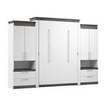 Bestar Orion Queen Murphy Bed and 2 Storage Cabinets with Pull-Out Shelves, White & Walnut Grey