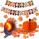 FEPITO Give Thanks Banner with Paper Colorful Turkey Pumpkin Artificial Maple Leaves Decoration Kit Total 203 PCS for Autumn Fall Party Thanksgiving Day Party Supplies Decorations